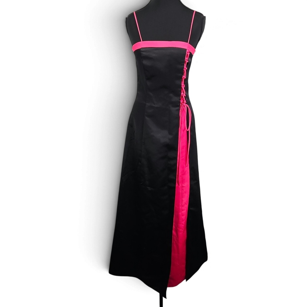 Urban Girl Nites Dress Womens 3/4 Maxi Black Pink Lace Up Slit Satin Formal NWT
